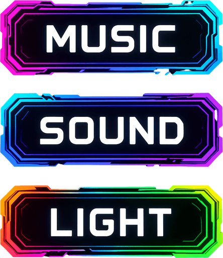 Buttons assets with same colors and shape with text 'music', 'sound', 'light'. cyberpunk. abstract. futuer. different colors. HD colors.
In-Game asset.  2d.  High contrast.  No shadows