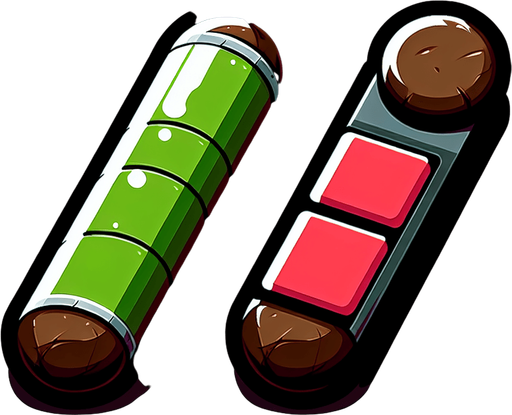 A sprite sheet featuring two large, flat toggle buttons for a hacking mobile game. Each toggle is cigar-shaped with rounded edges, displayed in active (green) and inactive (red) states.

The active state has a neon green fill with a circular slider positioned on the right, while the inactive state has a muted red fill with the slider on the left. The buttons are large and centered in the sprite sheet, with ample spacing and a clean, grey background. This design is minimalistic, clear, and ideal for a tech-themed game interface.
Single Game Texture. In-Game asset. 2d. Blank background. High contrast. No shadows.