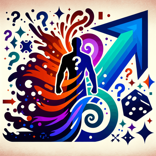 A silhouette of the hero glitching or flickering between different colors or slightly different forms. Could also be an upward arrow surrounded by swirling question marks or dice symbols..
Single Game Texture.  In-Game asset.  2d.  Blank background.  High contrast.  No shadows