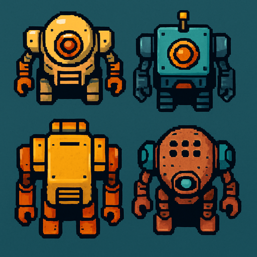 Robot algo viejos vistos desde arriba.
In-Game asset.  2d.  High contrast.  No shadows