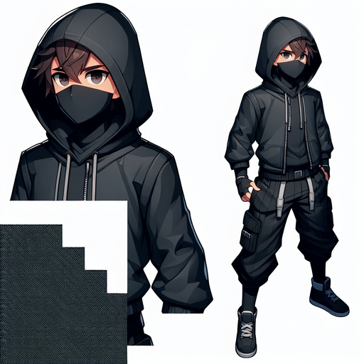 A ninja kid thief, full body, with a dark colored hoodie.
Single Game Texture. In-Game asset. 2d. Blank background. High contrast. No shadows.
