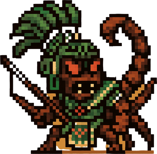 Genérame una Escorpion Colombiano guerrero azteca con eso patrones, estilo pixelar, con una apariencia maligna, ojos rojos, rabioso. Unidad a distancia, con un arco o cerbatana. Animal.
In-Game asset.  2d.  High contrast.  No shadows