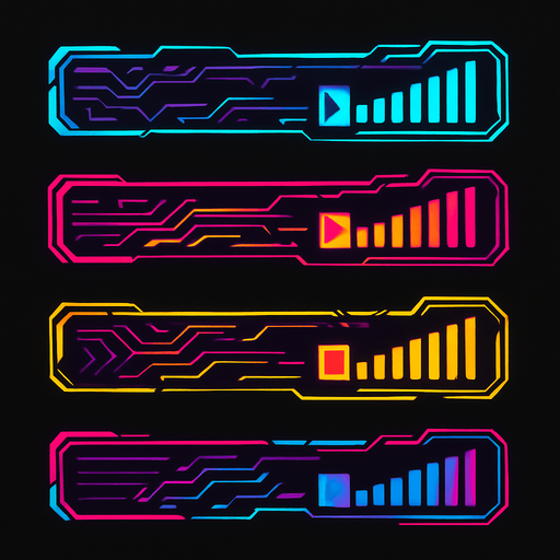 Volume bar assets without volume icons. HD colors. cyberpunk. Abstract. Different colors.
In-Game asset.  2d.  High contrast.  No shadows