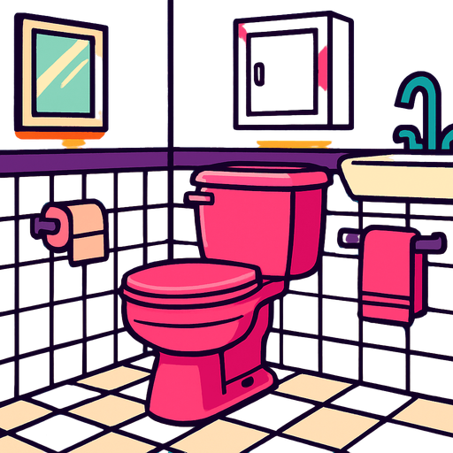 A bathroom with a pink toilet.
In-Game asset.  2d.  High contrast.  No shadows