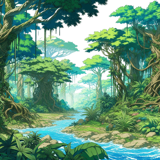 anime landscape deep jungle amazon.
Single Game Texture.  In-Game asset.  2d.  Blank background.  High contrast.  No shadows