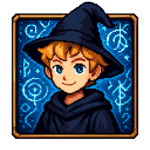 "2D pixel art of a young male wizard child with short, wavy blonde hair and bright blue eyes, wearing a long, flowing black robe. He is facing forward, smiling, looking directly at the viewer with a calm, focused expression. The character is framed inside a square border, like a portrait or selection window in a fantasy RPG. The background inside the square is filled with glowing blue magical symbols, glyphs, and swirling arcane energy to create a mystical atmosphere. The pixel art style is classic 16-bit fantasy RPG, with detailed shading and rich colors. The area outside the square frame is transparent.".
In-Game asset.  2d.  High contrast.  No shadows