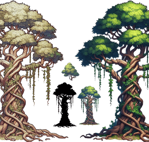 tree with vines.
In-Game asset.  2d.  Blank background.  High contrast.  No shadows