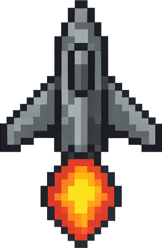 Пиксельный корабль сверху с нарисованным огнем спереди вид сверху.
In-Game asset.  2d.  High contrast.  No shadows
