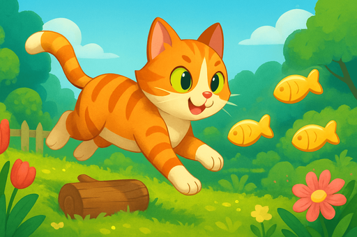 Fullscreen modern App Store landscape banner, 16:9, high definition, for a game titled "Garden Cat Run" and with the description "Control a cat running through a garden, jumping over obstacles and collecting fish treats in this endless runner game.". No text on banner!