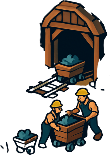 Demirci ve madencilerin olduğu uzaktan bakış bir kamp alanı oluştur..
In-Game asset.  2d.  High contrast.  No shadows