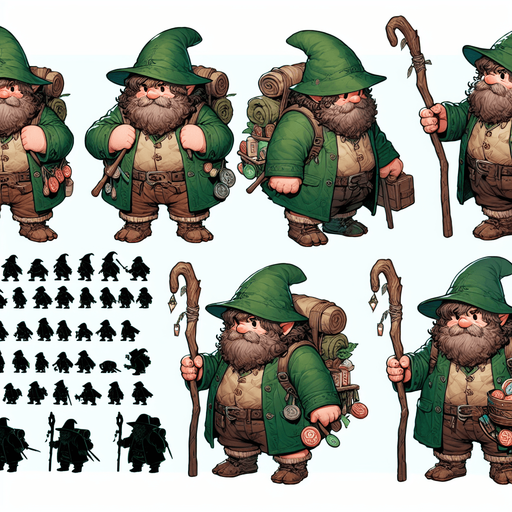 A spritesheet showing various poses of a chubby little hobbit wandering. he is in a green hunter's coat and with a green hat with a feather in it, and is carrying a backpack and holding a walking stick. there are many trinkets in his belt, some edible..
Single Game Texture. In-Game asset. 2d. Blank background. High contrast. No shadows.