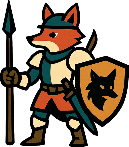 caballero zorro, con escudo y lanza.
In-Game asset.  2d.  High contrast.  No shadows