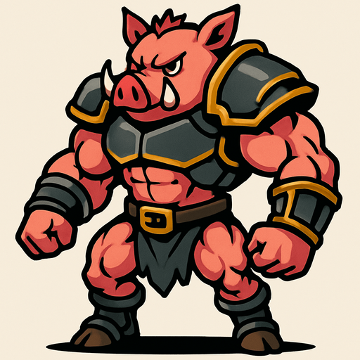 cerdo en 2 patas musculoso con armadura.
In-Game asset.  2d.  High contrast.  No shadows