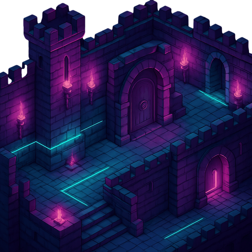 Top down isometric neon cyberpunk castle dungeon background large