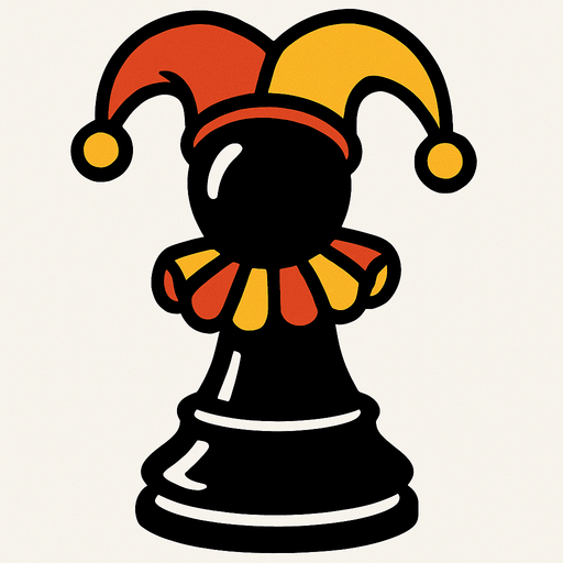 a black chess piece that resembles a chess pawn but is dressed like a jester.
In-Game asset.  2d.  High contrast.  No shadows