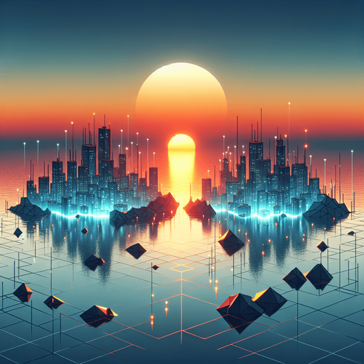 🔹 Floating low-poly islands or platforms in a futuristic city.
🔹 Horizon with a sun reflecting off water for a peaceful but futuristic look.
🔹 Colors: Sunset orange, deep blue, and glowing city lights..
Single Game Texture.  In-Game asset.  2d.  Blank background.  High contrast.  No shadows