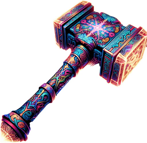 A glowing, ornate hammer imbued with power, or a weapon silhouette undergoing a visible transformation with radiating light and complex runic patterns..
Single Game Texture.  In-Game asset.  2d.  Blank background.  High contrast.  No shadows
