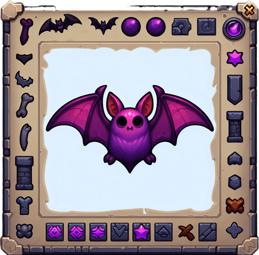 purple bat.
Single Game Texture. In-Game asset. 2d. Blank background. High contrast. No shadows.