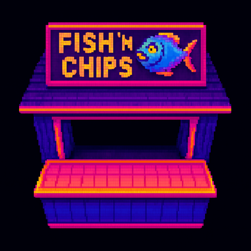 A fish and chips shack with a big counter in the front and a large open window behind. Large sign on roof says "Fish 'n Chips" with a cartoon fish. Seen from top down view with the front of the shack facing down.