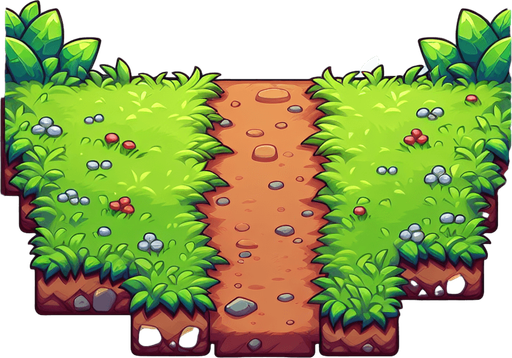 Side view of a Sidescroll Horizontal Grassy Ground path.
Single Game Texture. In-Game asset. 2d. Blank background. High contrast. No shadows. Cartoon style