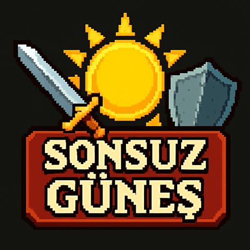 Sonsuz Güneş oyunu yazan orta çağ temalı bit oyun logosu.
In-Game asset.  2d.  High contrast.  No shadows