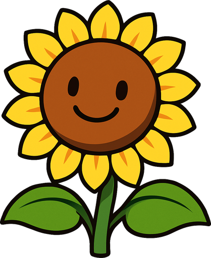 Un girasol con una cabeza redonda y marrón con pétalos amarillos brillantes que lo rodean como una corona. Su tallo es verde y tiene dos hojas grandes y anchas que sobresalen a los lados. En su cara, tiene dos ojos pequeños y negros, y una boca curvada en una sonrisa amigable..
In-Game asset.  High contrast.  No shadows