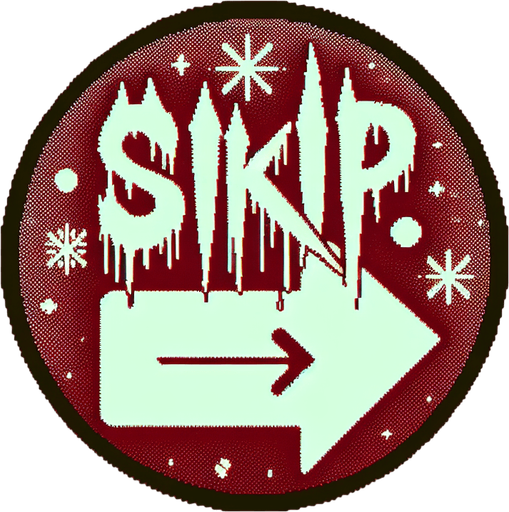 eerie christmas inspired  button as an arrow pointing right that says SKIP in a creepy font  png.
Single Game Texture. In-Game asset. 2d. Blank background. High contrast. No shadows.