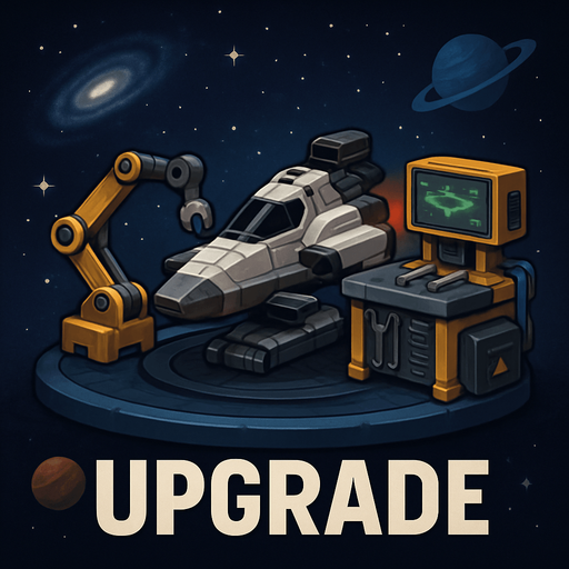 Uzay temalı Gemi Geliştirme, Tamirci İstasyonu, gerçekçi, Altında "Upgrade" yazsın.
In-Game asset.  High contrast.  No shadows