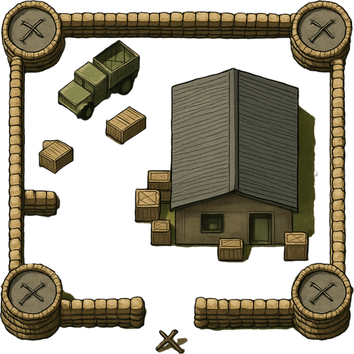 Askeri karakol, üstten görünüm, gerçekçi, yazısız.
In-Game asset.  High contrast.  No shadows