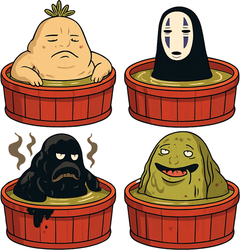 Japanese circle bath have different stink spirits from movie "spirited away". each one per bath. HD colors.
In-Game asset.  2d.  High contrast.  No shadows