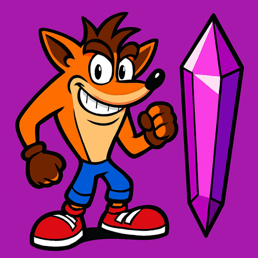 Crash bandicoot,crystal,purple,pink.
In-Game asset.  2d.  High contrast.  No shadows