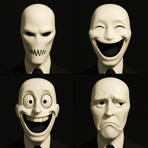 3D Slenderman scary and funny face meme. different faces look. face only.
In-Game asset.  High contrast.  No shadows. 3D