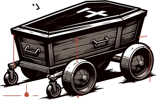 tekerlekli animasyon bir tabut ve dikey pozisyonda.
Single Game Texture. In-Game asset. 2d. Blank background. High contrast. No shadows.