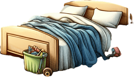 dağınık bir yatak odası, odanın içinden görünüm 3d renkli, çizgi film