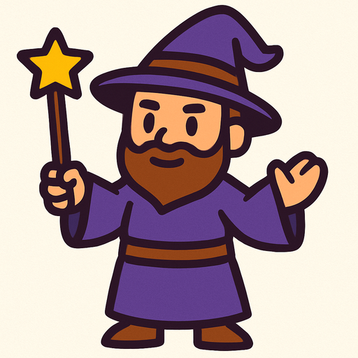 Mago con sombrero morado oscuro y marrón sin barba con varita con estrella, de cuerpo entero.
In-Game asset.  2d.  High contrast.  No shadows
