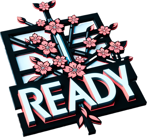 the letters 'Ready' in 3d with a japanese cartoon cherry blossom flair.
Single Game Texture.  In-Game asset.  2d.  Blank background.  High contrast.  No shadows