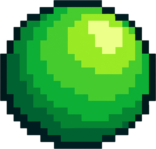 Bir top pixel art yeşil renkli.
In-Game asset.  2d.  High contrast.  No shadows