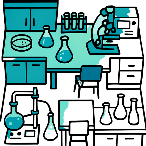 Vista desde arriba de un laboratorio.
In-Game asset.  2d.  High contrast.  No shadows