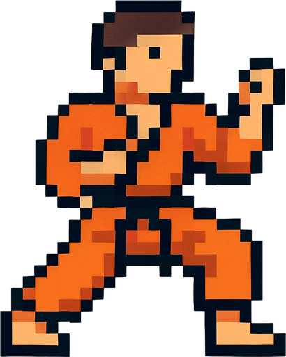 An orange fighter karate 8 bit style.
In-Game asset.  2d.  High contrast.  No shadows