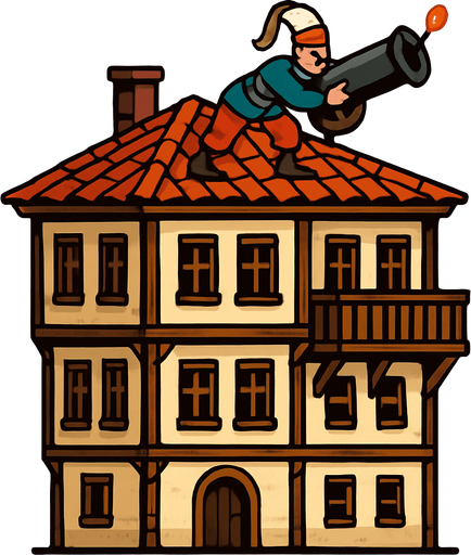 tripleks bir osmanlı evi çiz. Çatısında top mermisi ateşlemek üzere olan bir yeniçeri askeri olsun.
In-Game asset.  2d.  High contrast.  No shadows