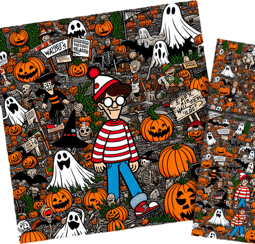 Generate a high quality cartoon background Halloween image on a black canvas similar to the format of where is waldo.
Single Game Texture. In-Game asset. 2d. Blank background. High contrast. No shadows.