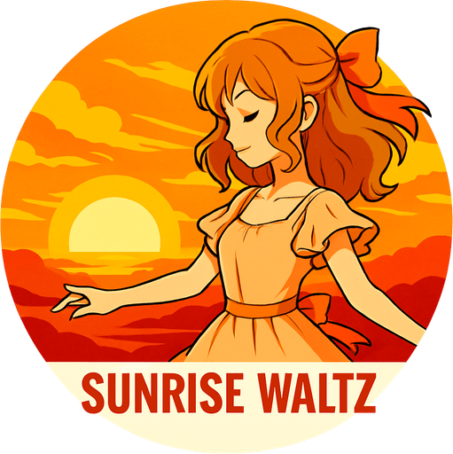Round shape of anime style song cover with the themed Sunrise Waltz.
In-Game asset.  2d.  High contrast.  No shadows