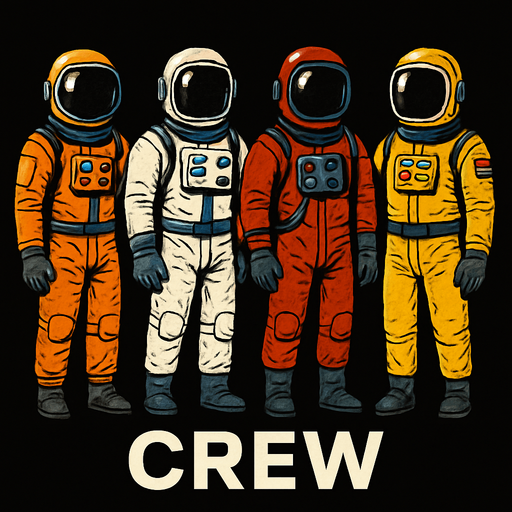 Uzay temalı Spaceship Crew, gerçekçi, Altında "crew" yazsın.
In-Game asset.  High contrast.  No shadows