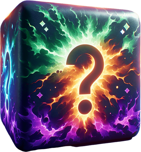 A crackling spark of energy rapidly shifting between multiple colors (purple, green, orange). Could also be a die symbol with elemental icons instead of pips, or a weapon impact with a question mark..
Single Game Texture.  In-Game asset.  2d.  Blank background.  High contrast.  No shadows