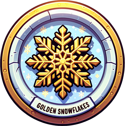 icon for a golden snowflake, on a circle, on the top is the text: "golden snowflakes" cartoon Single Game Texture. In-Game asset. 2d. Blank background. High contrast. No shadows.