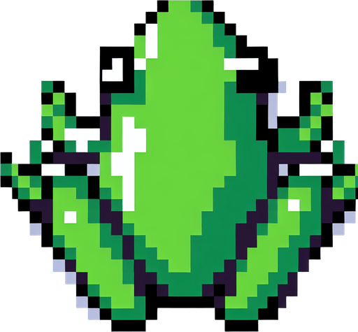 pixel art of a flat green frog, top down view.
White background, high contrast, shadowless.
