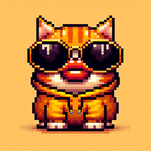 The character in the image is now envisioned as a pixel-art masterpiece, akin to a legendary golden NFT. This orange tabby cat, with its distinct stripes, is brought to life using a luxurious palette of golden and orange square pixels. The round face is accentuated by large, black pixels for eyes, shielded by opulent, oversized, round, dark opaque sunglasses crafted from golden pixels. The cat's signature, exaggerated red pout, resembling a duck's bill, is rendered in a rich, golden hue, stretching across the entire width of its face, adding to its rarity and allure. The body, deliberately smaller in pixel size compared to its head, is designed to enhance the character's cute, chubby appearance, all in golden tones to emphasize its legendary status. Adorned in a simple, light-colored hoodie with a golden pixelated drawstring, the cat sits with its paws visible in front, maintaining a relaxed posture. This creation, with its playful and whimsical pixel art style, embodies the essence of a luxurious and rare digital collectible, perfect for a high-value NFT mascot or a character in an exclusive digital children's book..
Single Game Texture. In-Game asset. 2d. Blank background. High contrast. No shadows.
