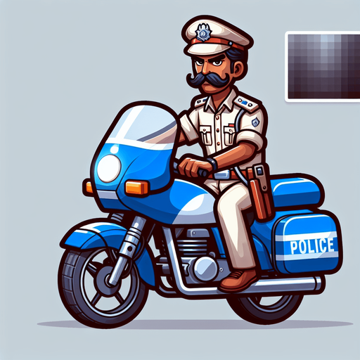 Inspector chingam on police bike with police dress.
Single Game Texture.  In-Game asset.  2d.  Blank background.  High contrast.  No shadows