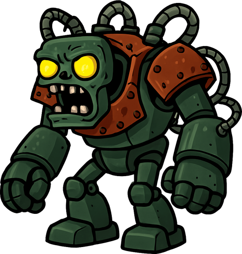 Cuerpo Robusto y Verde: El Zombot es una mole robótica de gran tamaño, con un cuerpo predominantemente de color verde oscuro, que le da un aspecto industrial y amenazante. Sus "hombros" y parte del torso están cubiertos por una armadura de color óxido o marrón rojizo, con remaches visibles.

Cabeza de Zombi Grande: La cabeza del robot es grande y cuadrada, también de color verde, con mandíbulas inferiores prominentes que se abren para revelar dientes afilados. Tiene dos grandes ojos amarillos brillantes que emiten una luz siniestra, lo que lo hace parecer una versión robótica y gigantesca de un zombi común.

Múltiples Mangueras y Cables: Varias mangueras o tuberías metálicas segmentadas sobresalen de sus hombros y otras partes del cuerpo, conectándose a sus brazos y cabeza, lo que sugiere un complejo sistema mecánico y de fluido.

Brazos y Piernas Robóticas Grandes: Sus brazos son enormes y fornidos, con grandes manos que terminan en "dedos" gruesos y redondeados, capaces de infligir u.
In-Game asset.  2d.  High contrast.  No shadows
