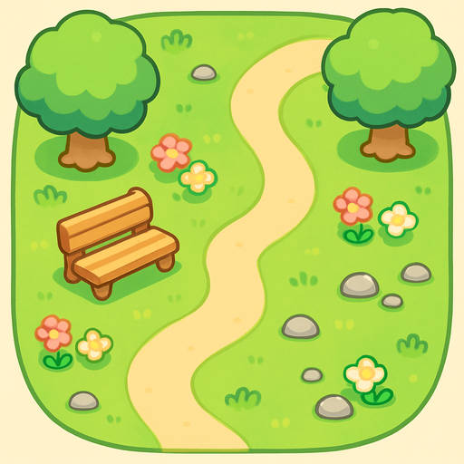 Draw a chibi-style top-down (bird's-eye view) park field. The scene should be cute and colorful, with soft, rounded shapes typical of chibi environments. Include details like small patches of flowers, tiny rocks, and gentle variations in the grass. The overall style should be whimsical and simple, with clean lines and a bright, cheerful color palette.
In-Game asset.  2d.  High contrast.  No shadows